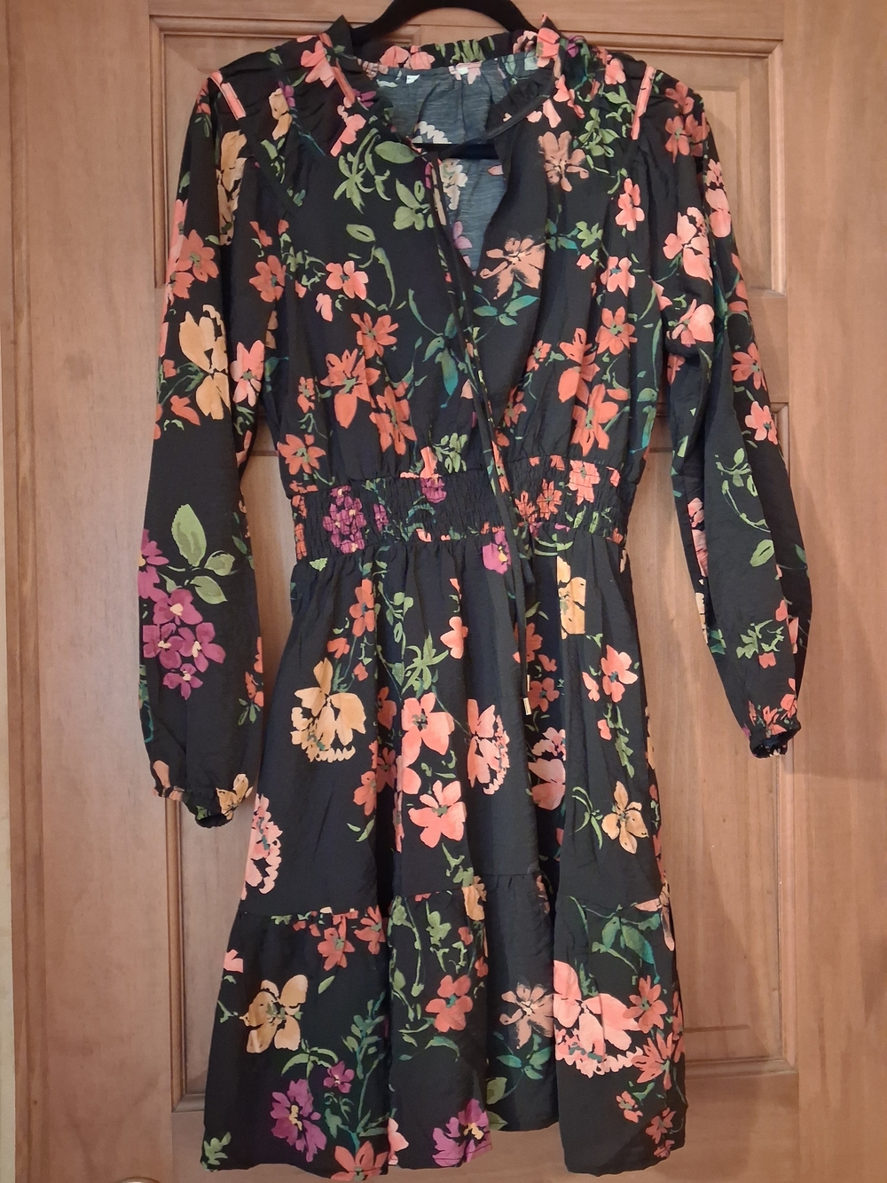 Floral Black Long-Sleeve Smocked Waist Dress